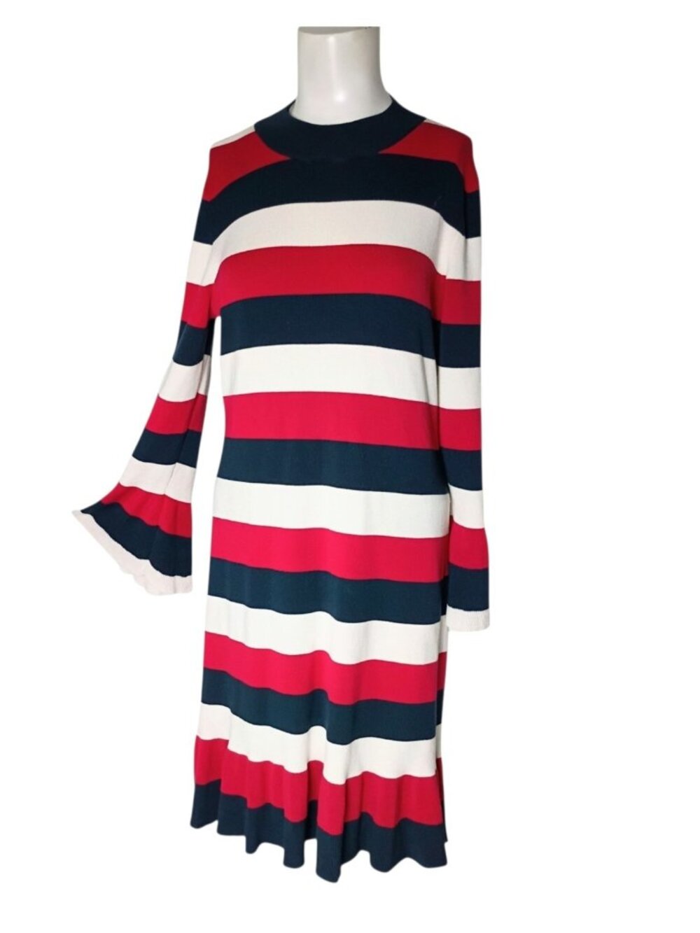 Loft Ribbed Ruffle Sweater Dress M Americana Striped Office Patriotic Stretch